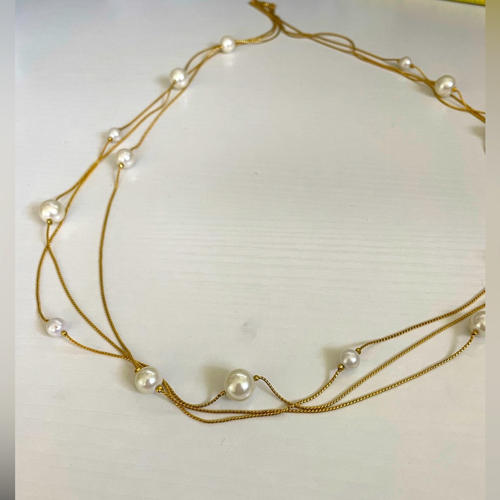 Vintage Gold Tone Costume 3 Strand Beaded Chain Necklace Pearls